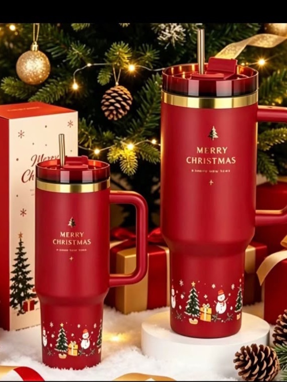 Merry Christmas Red Holiday Travel Mug with Handle - Unbranded
